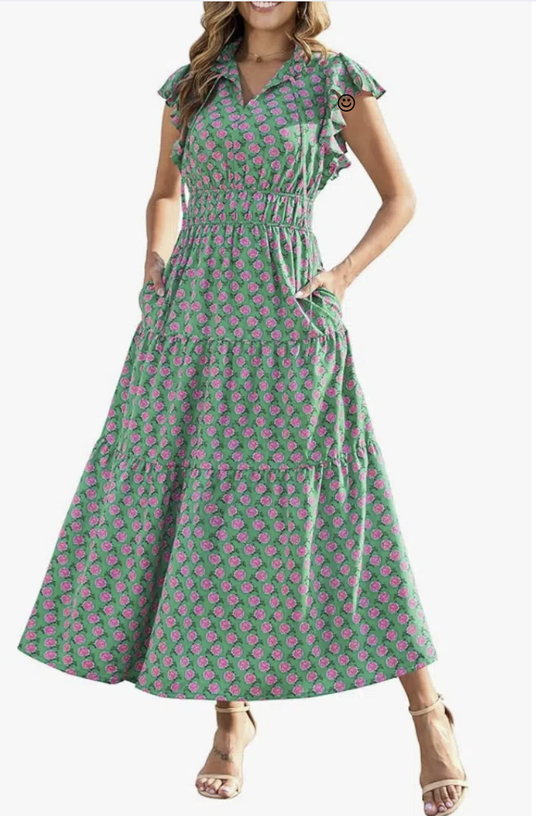 Woman wearing ruffle sleeve boho maxi dress with tiers