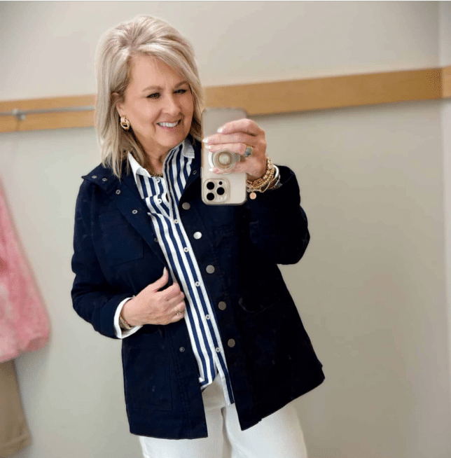 Tania wearing a navy utility jacket from Talbots