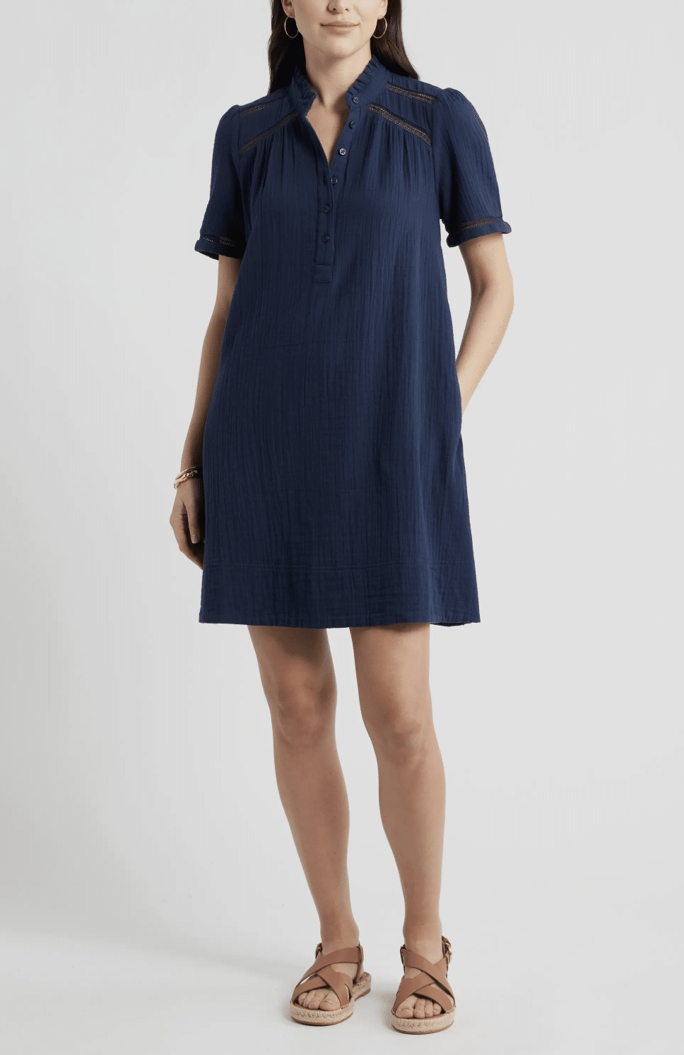 Caslon Ruffle Embroidered Inset Cotton Shift Dress