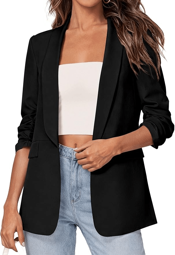a woman wearing a black lightweight blazer