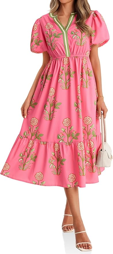 Cicy Bell Summer Floral Print Maxi Dress A Line Puff Short Sleeve V Neck Boho Dress AMAZON PINK FLORAL DRESS MARCH 2026