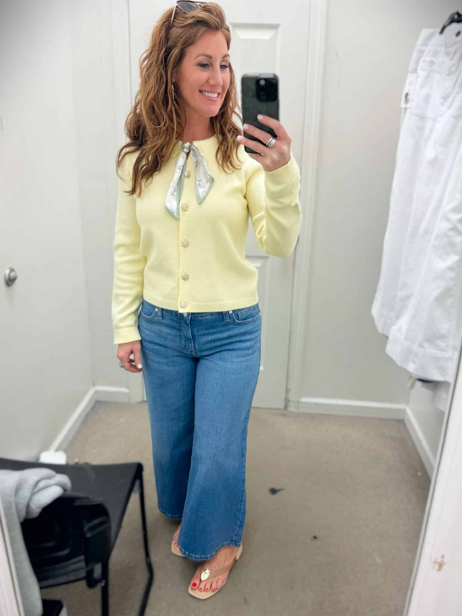 Stephanie styling ayellow cardigan and jeans for petites from Belk